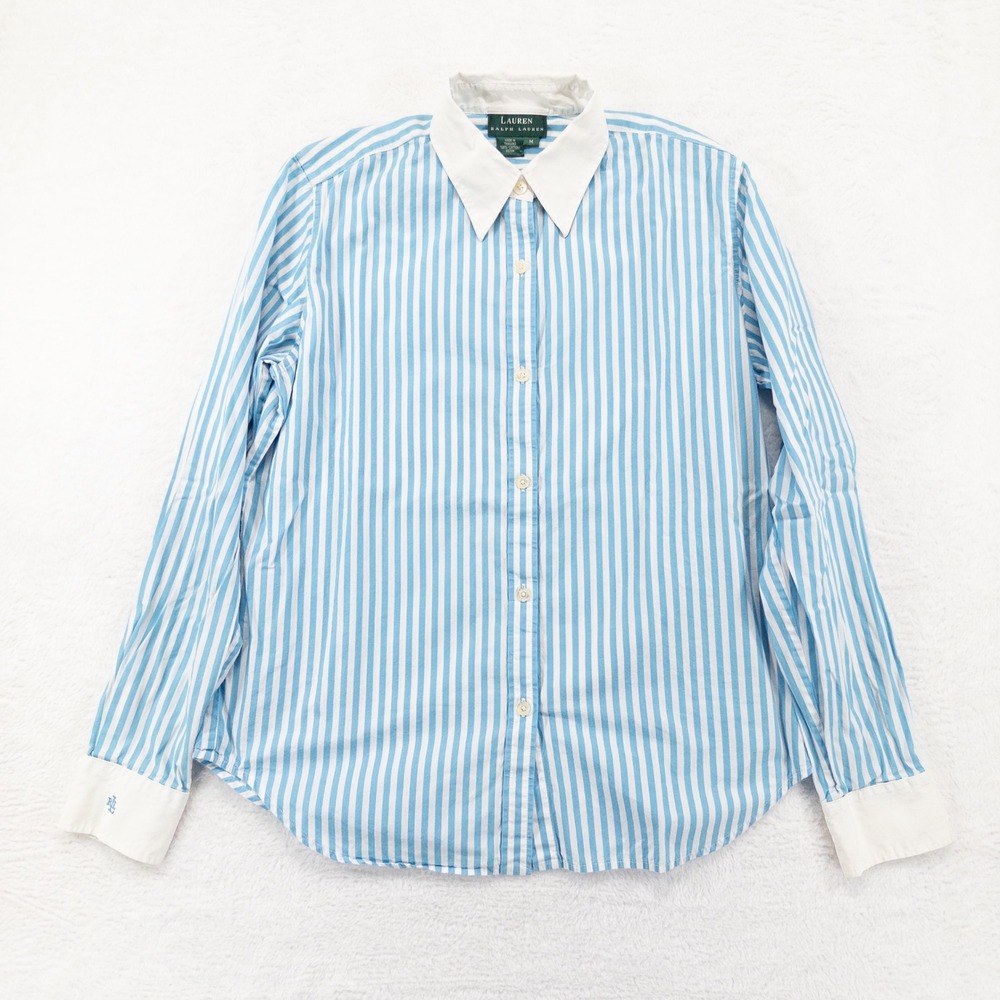 Lauren Ralph Lauren Womens Shirt M Blue White Striped Contrast Collar Preppy